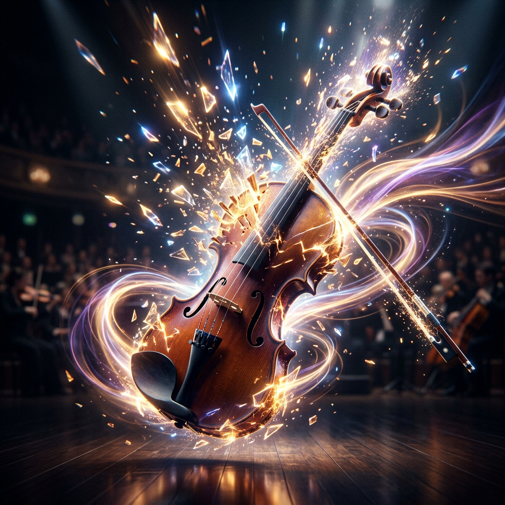 Violin with bow surrounded by glowing light streaks and sparks