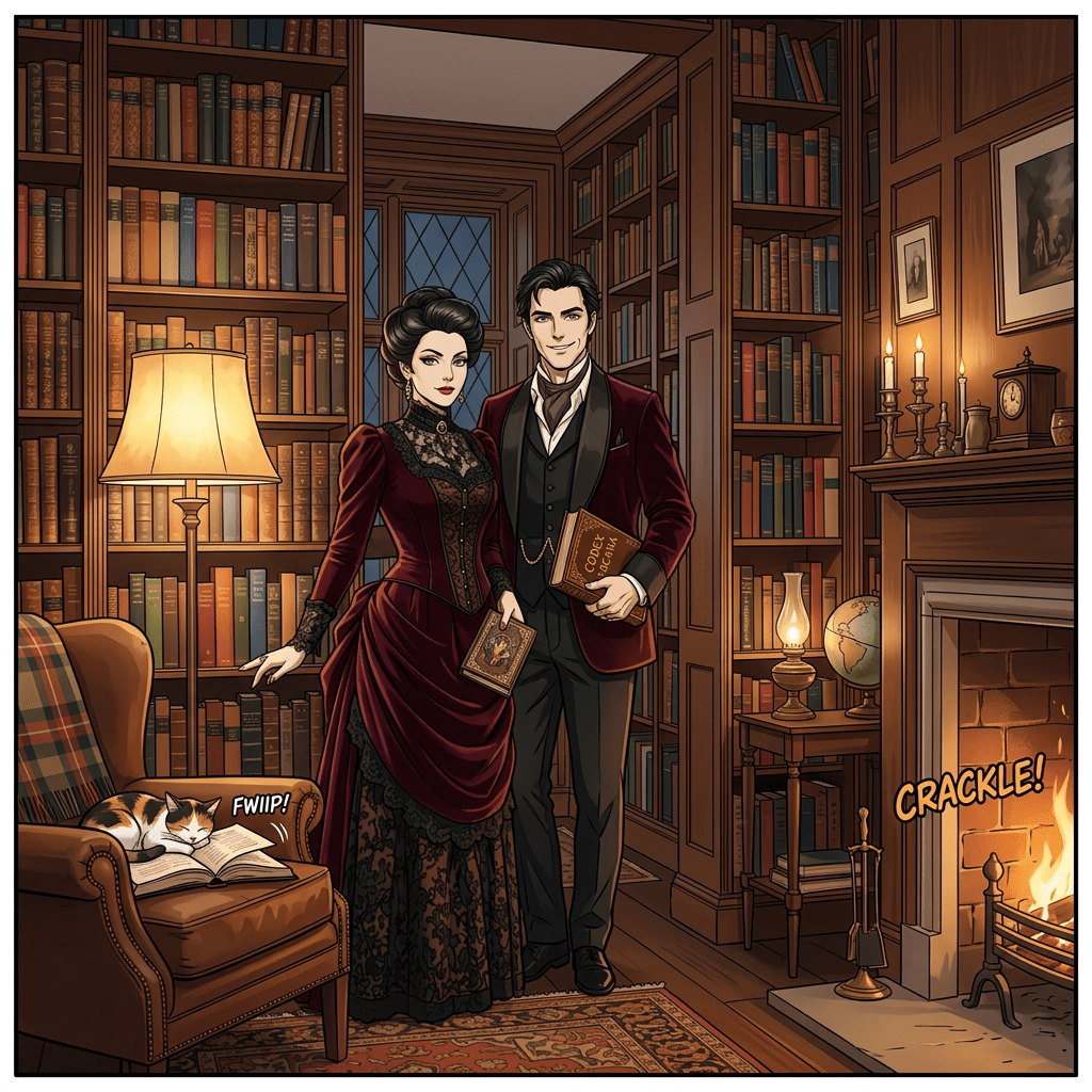 Man dressed in Victorian formal clothing holding a book in a classic wood-paneled library