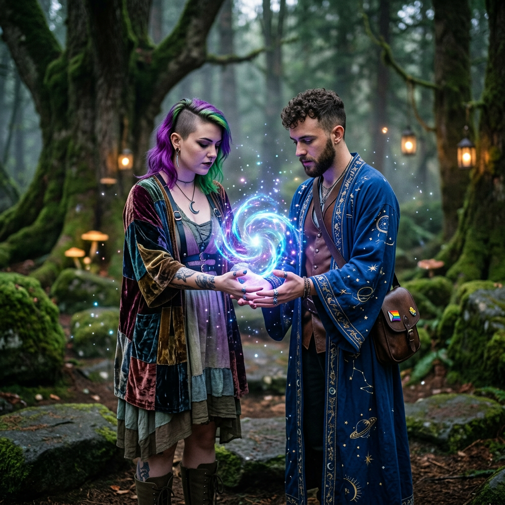 Queer witch and wizard casting spell together
