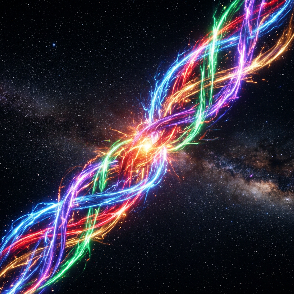 Colorful intertwined strands of energy glowing in space with stars and galaxy