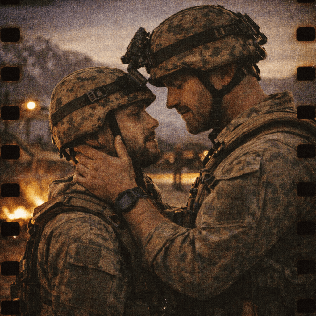 Two soldiers in combat gear embracing closely at dusk