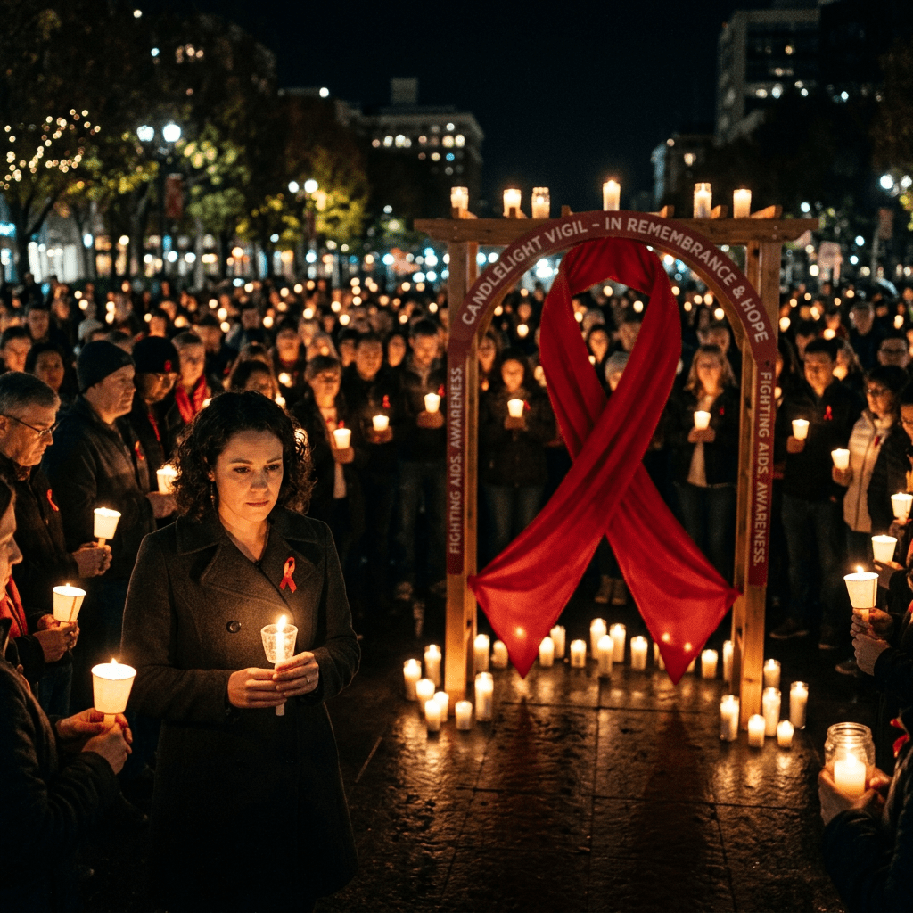 Group of people holding candles at night around a large red AIDS awareness ribbon