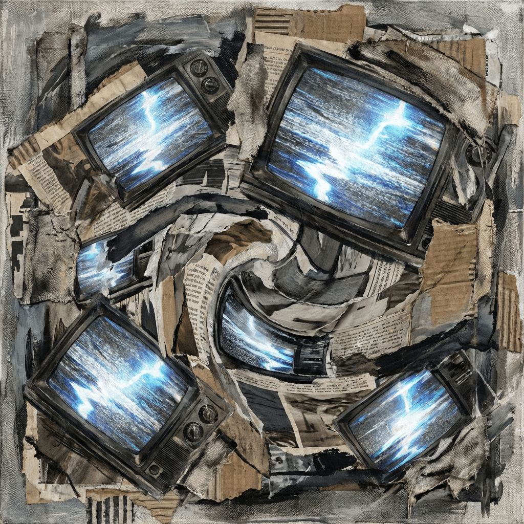 Multiple vintage television sets showing blue and white static surrounded by torn paper pieces