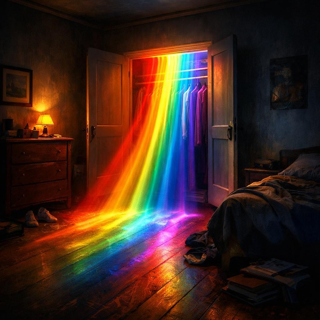 Open closet door with rainbow-colored light flowing onto wooden floor in dark room