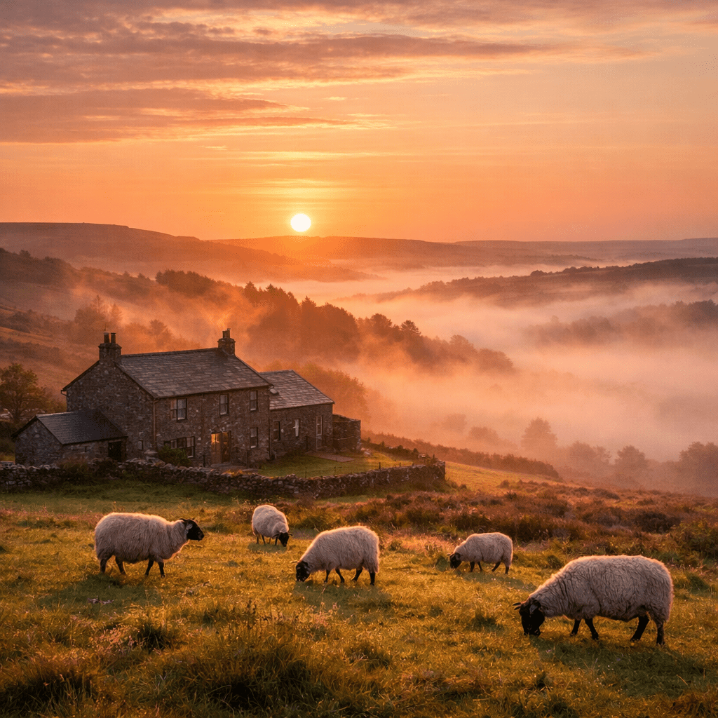 Sheep grazing on grassy field near stone farmhouse with misty hills at sunrise