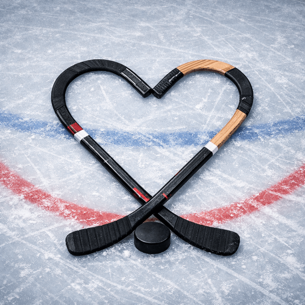 Two crossed hockey sticks shaped into a heart with a puck below