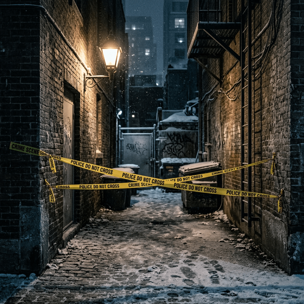 Snow-covered alleyway blocked by yellow police do not cross tape under a lit streetlamp.