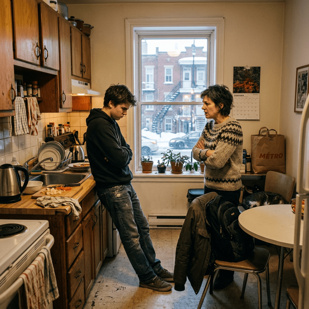 A teenage boy and middle-aged woman facing each other with crossed arms in a kitchen