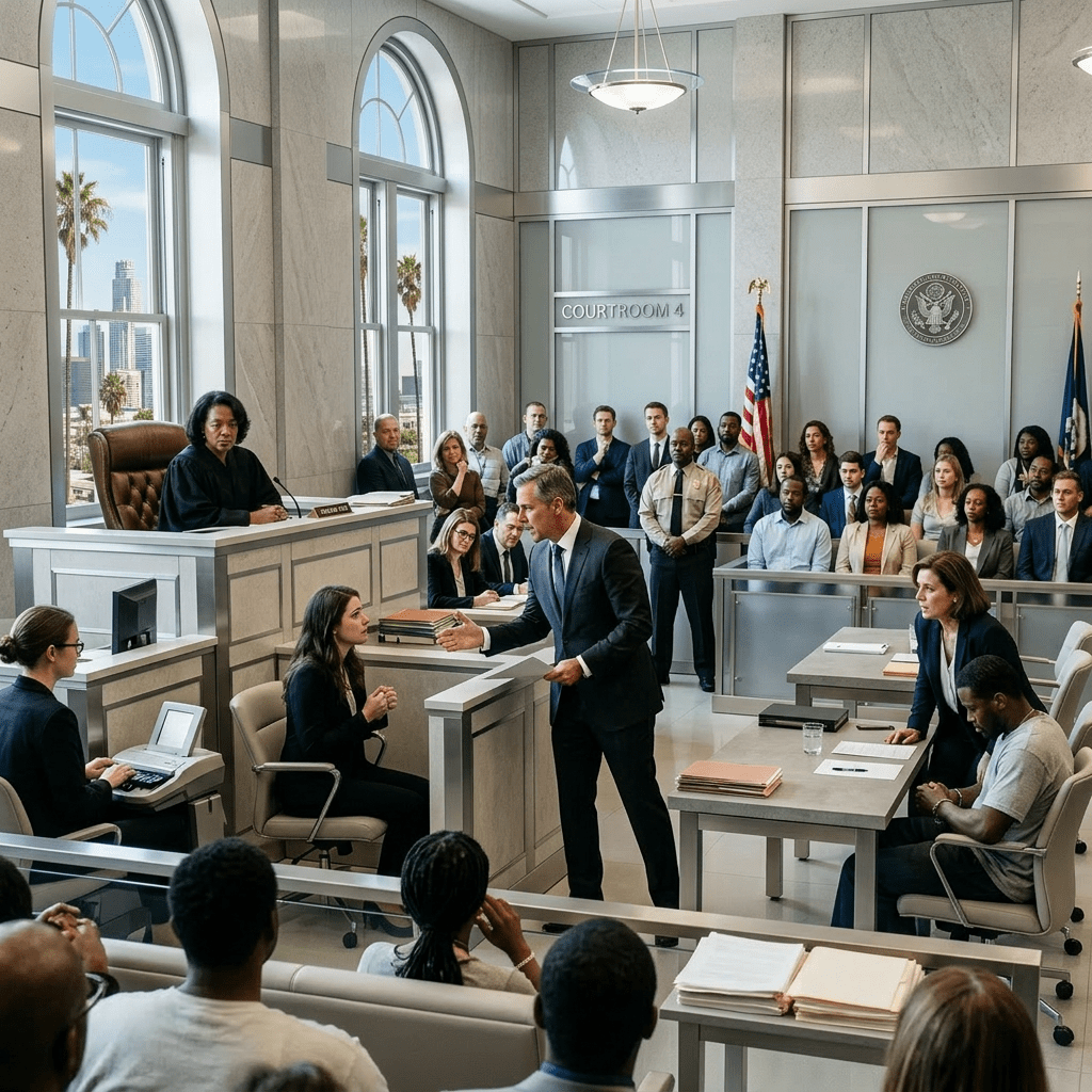 Courtroom with judge, lawyers, witness, jury, and audience during a trial
