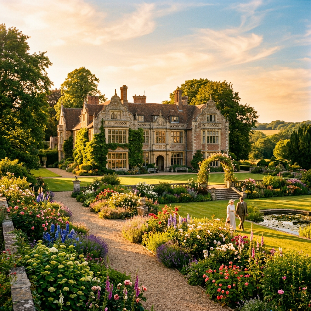 Couple walking in a vibrant flower garden with a historic manor house in the background during sunset