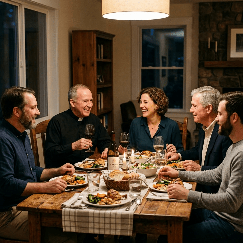 Four men including priest and one woman at table