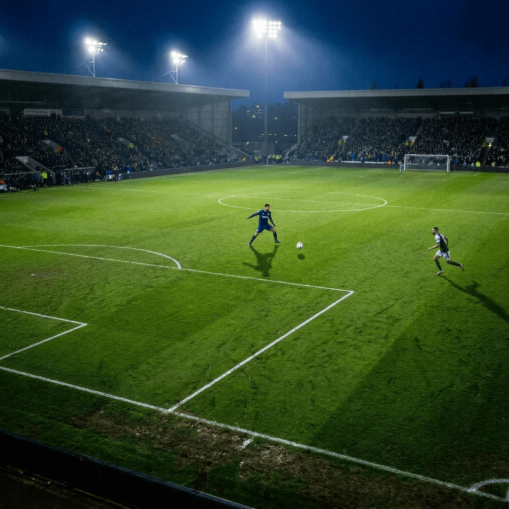 Soccer players running and tackling on a field with long shadows under floodlights
