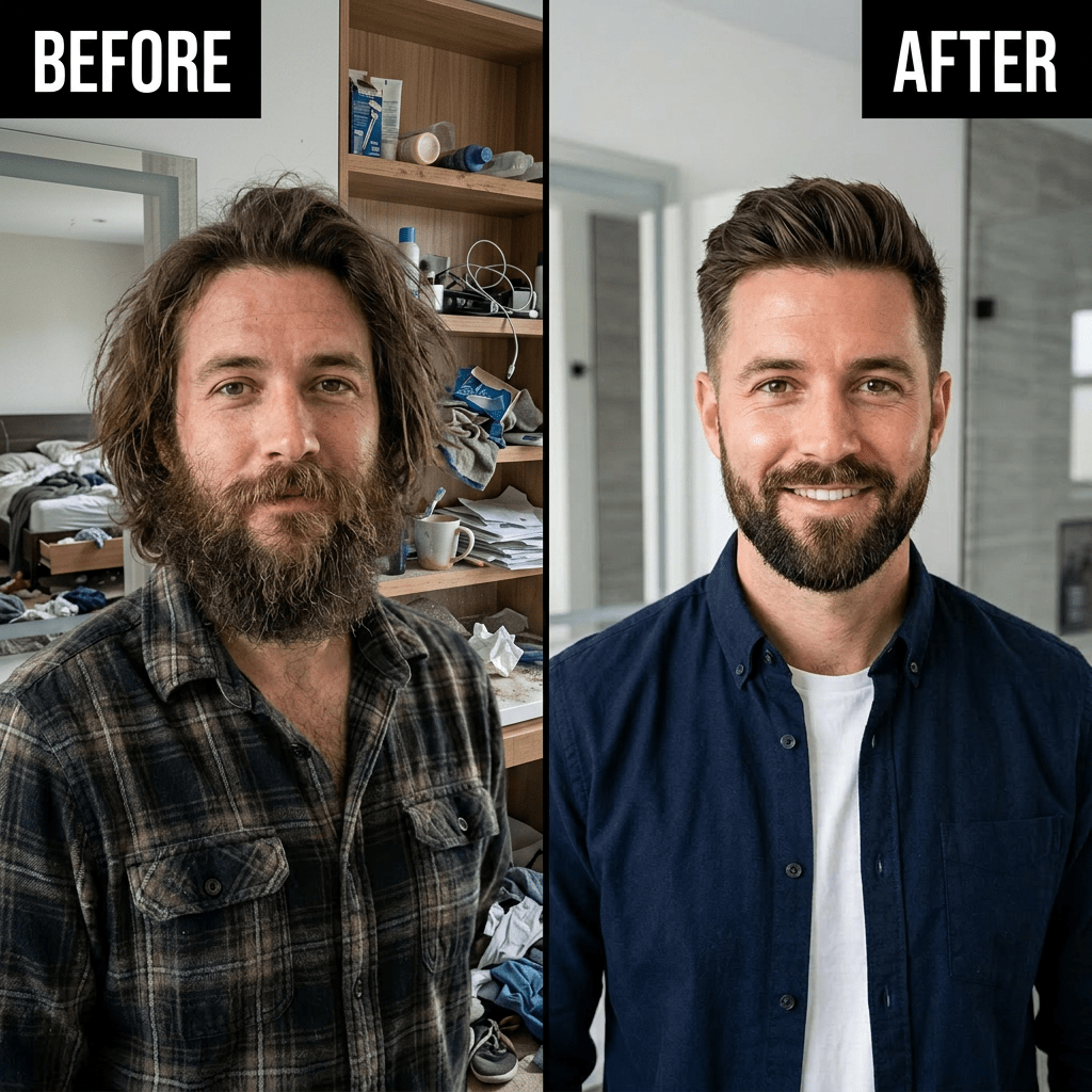 Side-by-side images of a man before and after grooming, showing messy hair and beard compared to styled hair and trimmed beard