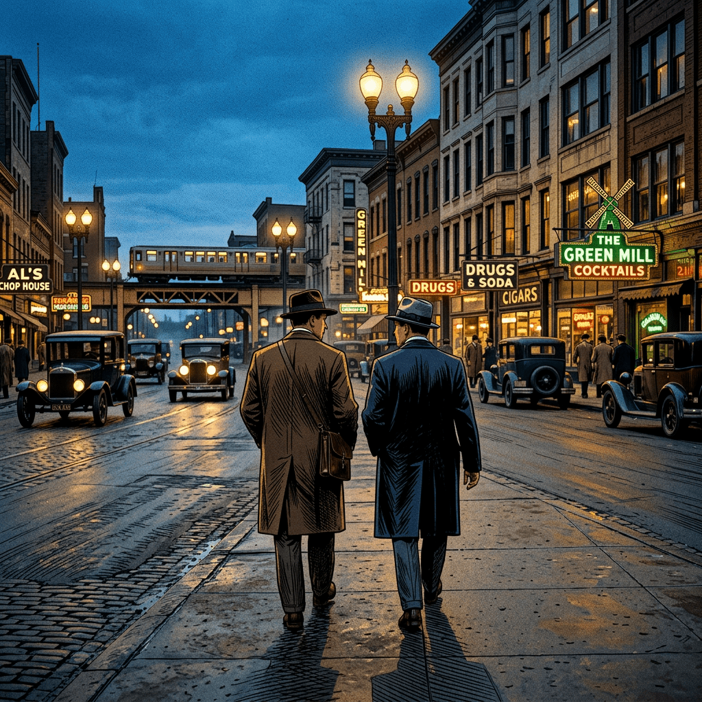 Two men wearing vintage coats and hats walking down a city street with old cars and illuminated storefront signs