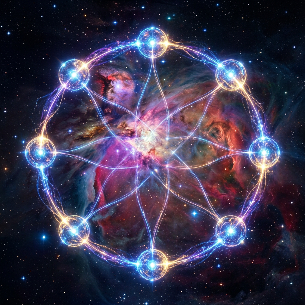 Interconnected glowing spheres forming a circular pattern in a colorful nebula