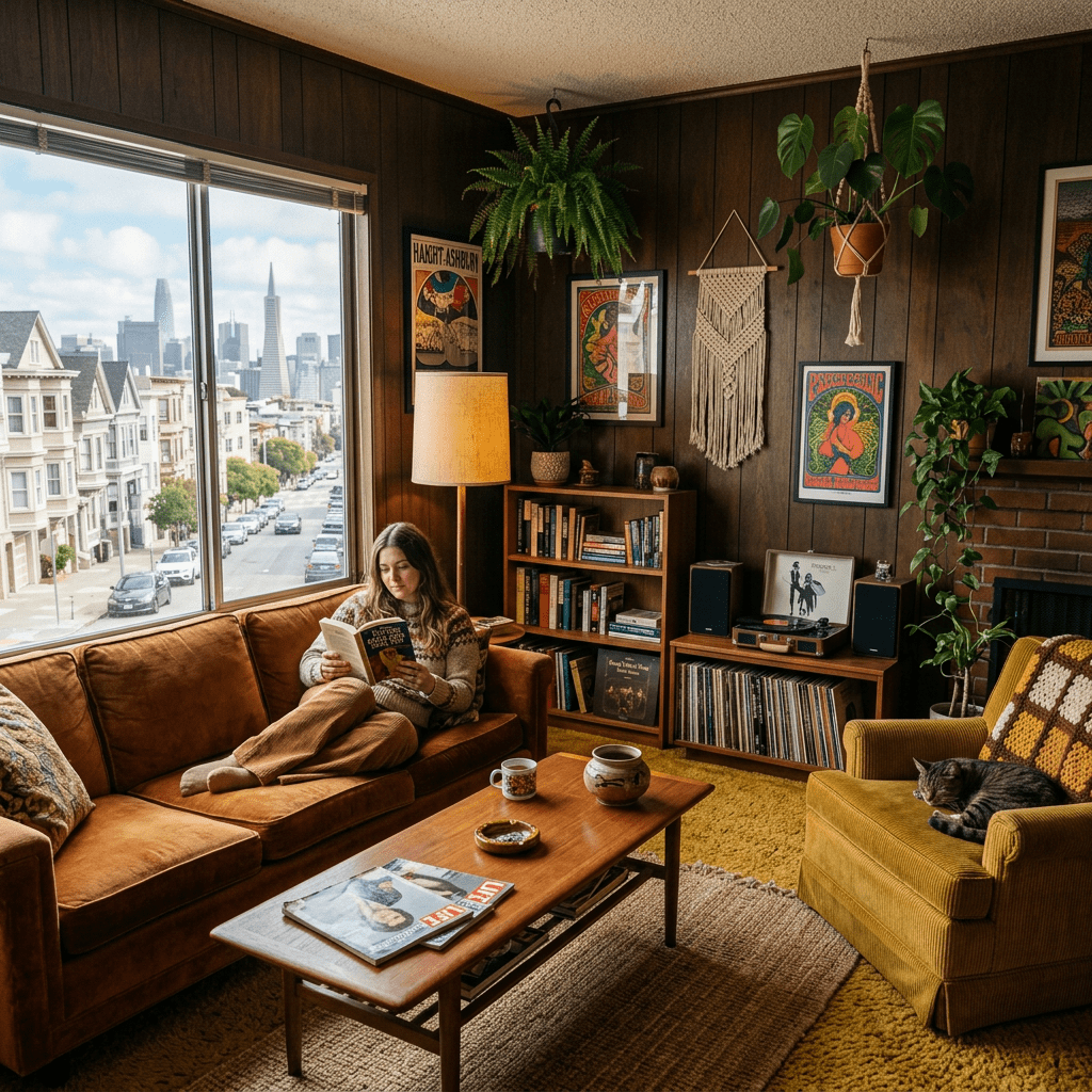 Woman reading book on brown couch in vintage living room with plants and records
